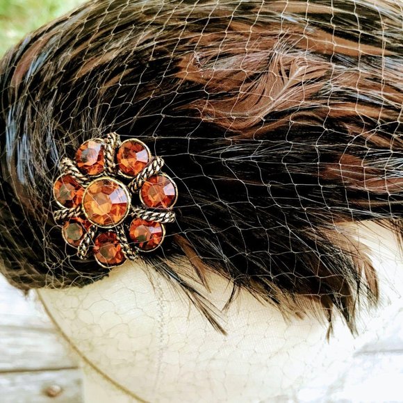 Vintage Brown Pheasant Feather Hat with Rhinestone main image 7